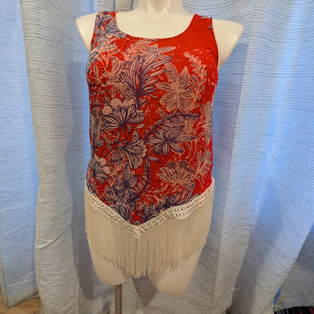 Ella Moss Red Floral Fringe Silk Tank Top -M